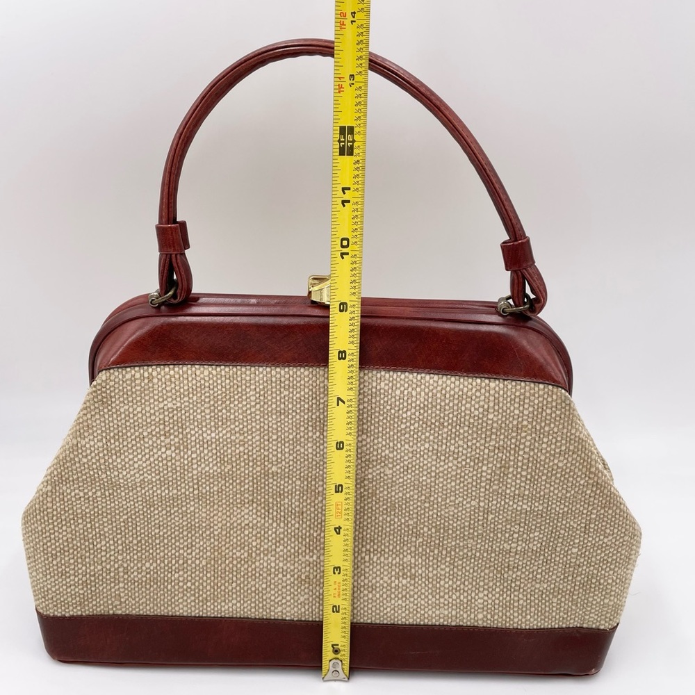Vintage 50s 60s Top Handle Satchel Bag Red Leather Tweed Purse Midcentury Modern - Picture 9 of 12